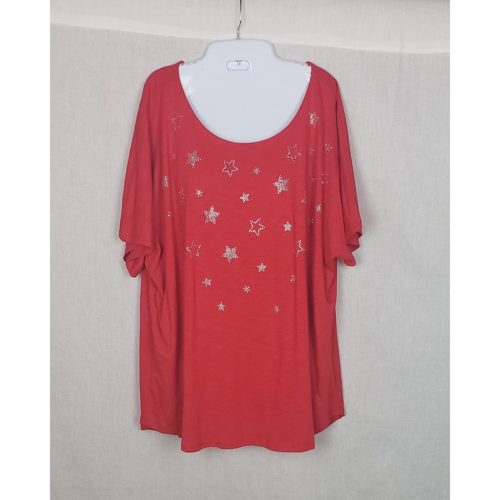 CJ Banks Womens 2X Red Rhinestone Star Slub Knit T-Shirt 4th of July Summer